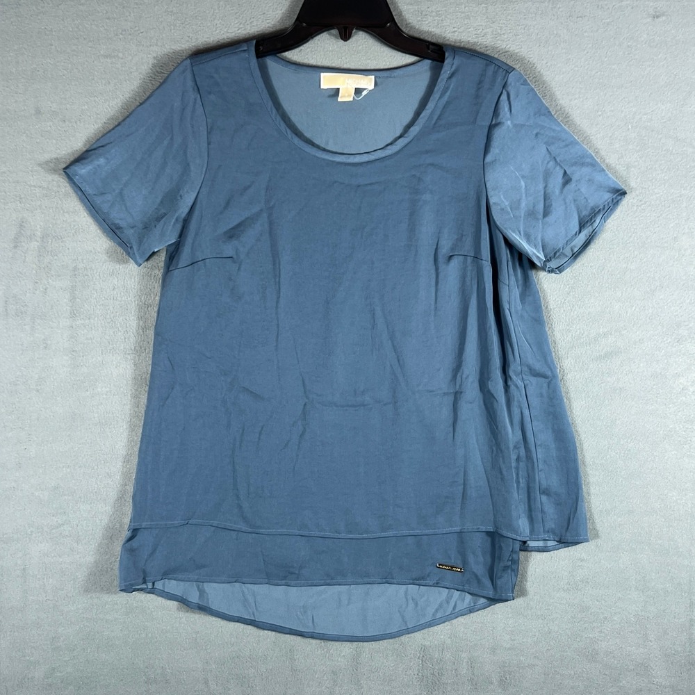 Michael Kors Womens Top Size S Blue Solid Relaxed Short Sleeve Split Back Layer